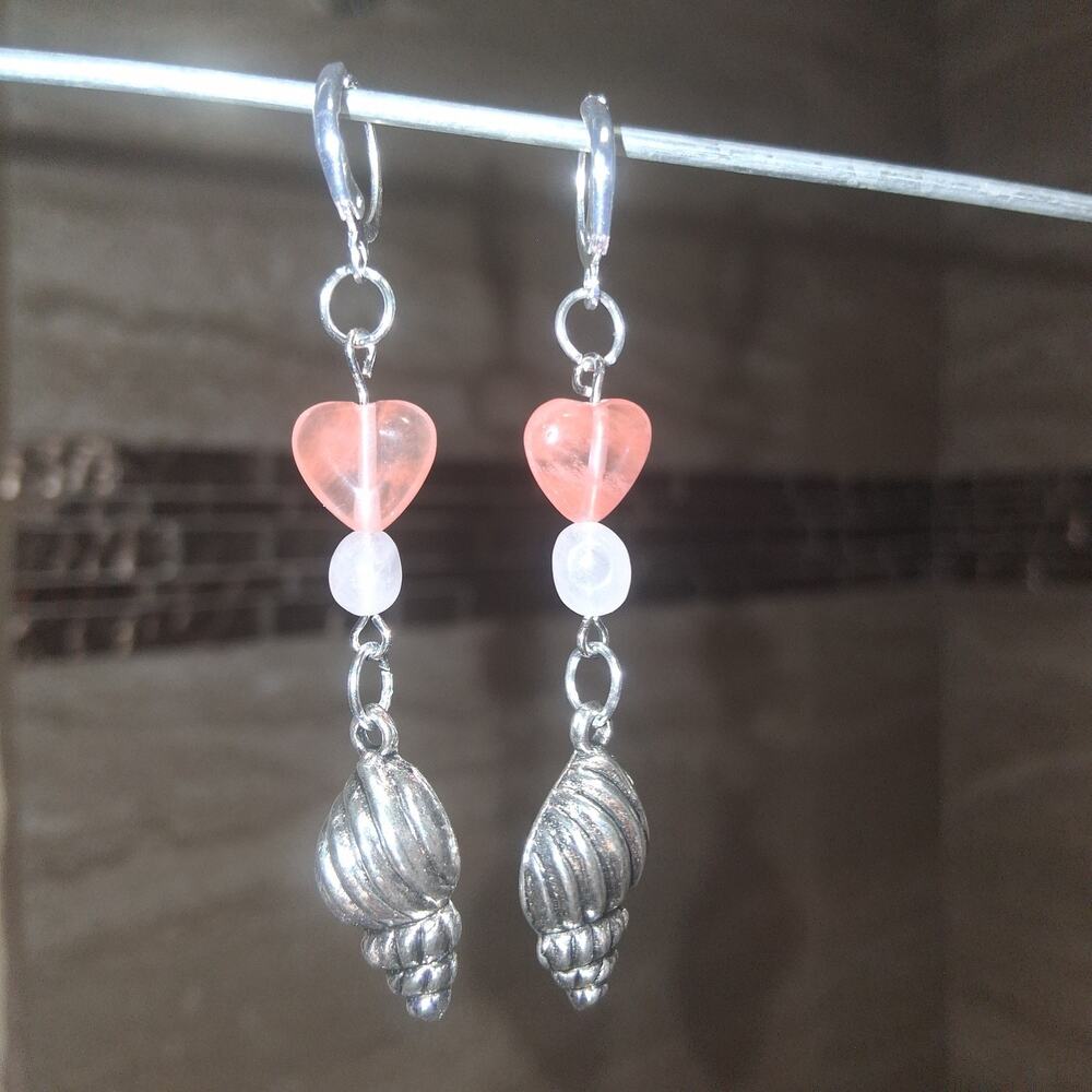 Pretty Rose Quarts Sea Shell Earrings with Silver Tone Hooks
